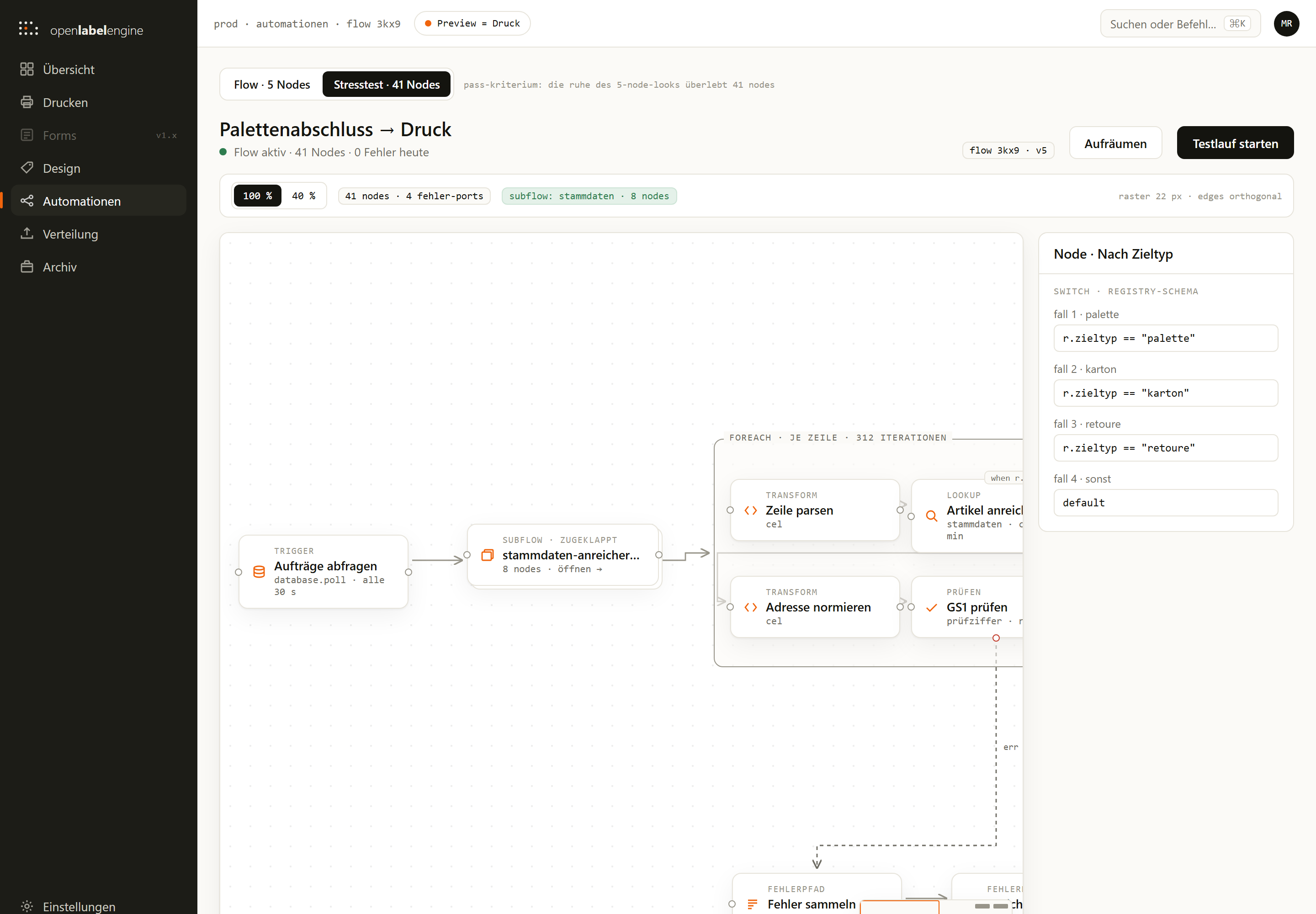 Flow builder showing webhook trigger, CEL transform, GS1 validation with error path, and print node with live preview